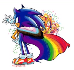Size: 1200x1133 | Tagged: safe, artist:rougelynesdisco, sonic the hedgehog, 2026, cape, gay pride, hand on hip, looking offscreen, pride, progress pride, signature, simple background, smile, solo, standing, white background