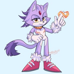 Size: 1280x1280 | Tagged: safe, artist:sumpthinphishy, blaze the cat, 2025, blue background, fire, flame, hand on hip, lidded eyes, looking at viewer, scar, signature, simple background, smile, solo, standing, top surgery scars, trans male, transgender, transmasculine