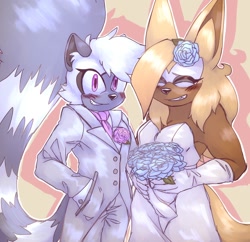 Size: 1322x1278 | Tagged: safe, artist:twinoxx2, tangle the lemur, whisper the wolf, 2025, blushing, bouquet, dress, duo, eyes closed, flower, hand in pocket, holding something, lesbian, looking at viewer, outline, rose, shipping, smile, standing, suit, tangle x whisper, wedding, wedding dress, wedding suit