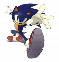 Size: 1955x2048 | Tagged: safe, artist:madconvoy, sonic the hedgehog, 2026, looking offscreen, posing, reaching out, reaching towards the viewer, simple background, smile, solo, treads, white background