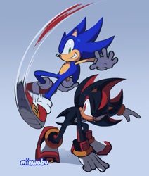 Size: 1027x1209 | Tagged: safe, artist:minwabu, shadow the hedgehog, sonic the hedgehog, 2026, clenched teeth, duo, frown, gradient background, hand on ground, looking at each other, mid-air, signature, smile
