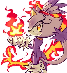 Size: 1886x2048 | Tagged: safe, artist:hannieli0, blaze the cat, 2026, eyelashes, fire, flame, from behind, frown, looking at viewer, signature, simple background, solo, standing, white background