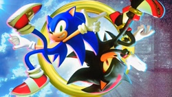 Size: 2048x1152 | Tagged: safe, artist:dokatzo, artist:flyshyva, shadow the hedgehog, sonic the hedgehog, hedgehog, 2026, 3d, back to back, duo, frown, leg up, looking at viewer, pointing, posing, redraw, ring, smile, treads, upside down