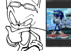 Size: 1217x869 | Tagged: safe, artist:rocketdo_g, sonic the hedgehog, hedgehog, sonic riders: zero gravity, 2026, :/, black and white, finger under chin, line art, looking offscreen, monochrome, redraw, reference inset, simple background, solo, thinking, white background