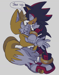 Size: 1040x1321 | Tagged: safe, artist:ilovetails, miles "tails" prower, shadow the hedgehog, 2025, age difference, covering another's mouth, covering mouth, dialogue, duo, english text, gay, grabbing, grey background, looking at each other, shadow x tails, shipping, simple background, speech bubble, text