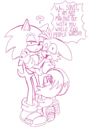 Size: 955x1350 | Tagged: safe, artist:ilovetails, miles "tails" prower, sonic the hedgehog, ..., 2025, age difference, blushing, dialogue, duo, english text, floppy ears, fourth wall break, gay, holding each other, lidded eyes, line art, monochrome, pout, shipping, shouting, simple background, sonic x tails, speech bubble, standing, talking, text, white background