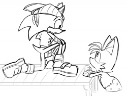 Size: 1447x1098 | Tagged: safe, artist:ilovetails, miles "tails" prower, sonic the hedgehog, 2025, age difference, dock, duo, gay, line art, looking at each other, mermaid, monochrome, mouth open, pirate outfit, shipping, simple background, sonic x tails, species swap, water, white background