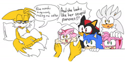 Size: 1830x918 | Tagged: safe, artist:ilovetails, amy rose, miles "tails" prower, shadow the hedgehog, sonic the hedgehog, oc, hedgehog, 2025, baby, bisexual, dark bags under eyes, dialogue, english text, fankid, father and child, father and daughter, flat colors, floppy ears, gay, group, holding them, hospital bed, implied mpreg, implied pregnancy, magical gay spawn, meme, nine months in my womb, parent and child, parent:amy, parent:shadow, parent:silver, parent:sonic, parent:tails, parents:shadails, parents:silvails, parents:sontails, parents:tailamy, shadow x tails, shipping, shouting, silvails, sonic x tails, straight, tailamy, text