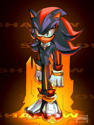 Size: 1499x1999 | Tagged: safe, artist:deadlyhighway, shadow the hedgehog, 2026, character name, english text, frown, gradient background, lidded eyes, looking offscreen, signature, solo, standing, text