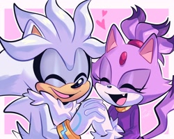 Size: 2500x2000 | Tagged: safe, artist:lou_lubally, blaze the cat, silver the hedgehog, cat, hedgehog, 2023, blushing, cute, duo, female, hands together, happy, heart, male, shipping, silvaze, smile, straight
