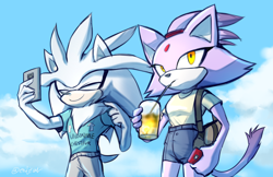 Size: 1700x1100 | Tagged: safe, artist:endjfcar, blaze the cat, silver the hedgehog, cat, hedgehog, 2018, bag, clothes, daytime, drink, drinking glasses, duo, female, fully clothed, holding something, male, pants, phone, shipping, shirt, shorts, silvaze, smile, straight