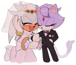 Size: 1408x1219 | Tagged: safe, artist:toonsite, blaze the cat, silver the hedgehog, cat, hedgehog, 2023, blushing, clothes, crossdressing, duo, female, fully clothed, happy, male, shipping, silvaze, simple background, straight, wedding, wedding dress, wedding suit, white background