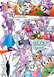 Size: 679x960 | Tagged: safe, artist:liyuconberma, blaze the cat, silver the hedgehog, cat, hedgehog, 2012, archived art, baby, blanket, camera, comic, cute, dialogue, drawing, english text, face paint, family, father and child, father and daughter, father and son, female, flower, flower in ear, holding something, male, mother and child, mother and daughter, mother and son, noticing, photo, quartet, selfie, shipping, silvaze, sleeping, speech bubble, straight