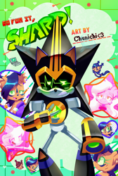 Size: 4064x6064 | Tagged: safe, artist:chunichichuni, nicole the handheld, nicole the hololynx, shard the metal, lynx, 2021, duo, english text, female, go for it nakamura, heart, hololynx, laughing, male, meme, nicole x shard, nicole's purple wraps, robot, shipping, smile, star (symbol), straight, sweatdrop