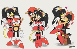 Size: 1583x1000 | Tagged: safe, artist:pepamintopatty, honey the cat, mighty the armadillo, armadillo, cat, 2022, blushing, carrying them, classic honey, classic mighty, classic style, duo, female, heart, honey x mighty, hugging, kiss, male, shipping, simple background, smile, straight, wink, yellow background