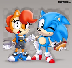 Size: 1524x1432 | Tagged: safe, artist:nonicpower, nicole the handheld, sally acorn, sonic the hedgehog, chipmunk, hedgehog, 2025, abstract background, chili dog, classic sally, classic sonic, duo, female, food, holding something, hot dog, looking at viewer, male, pose, sally x sonic, sally's ringblader outfit, shipping, smile, straight, wink
