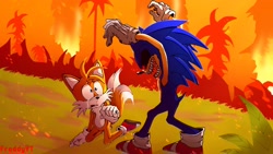 Size: 2048x1152 | Tagged: safe, artist:freddyyt1765, miles "tails" prower, sonic the hedgehog, oc, oc:sonic.exe, 2025, abstract background, angel island, angel island zone, blood, crying, daytime, duo, fire, flame, frown, grass, kneeling, looking at each other, mouth open, outdoors, palm tree, sharp teeth, shrunken pupils, smile, standing, tears, tears of fear, tree