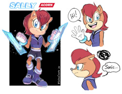 Size: 1024x792 | Tagged: safe, artist:salsacoyote, sally acorn, chipmunk, sonic the hedgehog (2020), 2020, character name, dialogue, english text, female, greeting, looking at viewer, looking offscreen, movie style, pose, sally's ringblader outfit, solo, speech bubble, style emulation