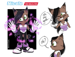 Size: 1024x792 | Tagged: safe, artist:salsacoyote, nicole the hololynx, lynx, sonic the hedgehog (2020), 2020, character name, dialogue, english text, female, hololynx, looking at viewer, looking offscreen, movie style, pose, solo, speech bubble, style emulation, surprised
