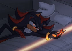 Size: 2048x1448 | Tagged: safe, artist:chaosmorphosis, shadow the hedgehog, hedgehog, 2026, bed, bedroom, bedroom eyes, dark bags under eyes, frown, gloves off, indoors, lidded eyes, looking offscreen, lying down, male, morning, pawpads, pillow, solo