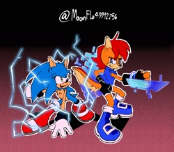 Size: 1669x1455 | Tagged: safe, artist:applexd-moonflo, sally acorn, sonic the hedgehog, oc, oc:maurice the hedgehog (syrcaii), chipmunk, hedgehog, 2022, alternate outfit, alternate universe, au:resonance, duo, electricity, female, fighting pose, looking at each other, nonbinary, outline, pose, sally x sonic, sally's ringblader outfit, shipping, smile, white outline