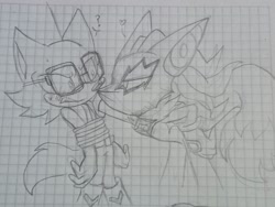 Size: 2048x1536 | Tagged: safe, artist:gloriaxiol, gadget the wolf, infinite the jackal, 2023, bending over, bondage, clenched teeth, duo, gay, heart, lidded eyes, line art, looking at each other, pencilwork, phantom ruby, question mark, rookinite, rope, shipping, tied up, traditional media