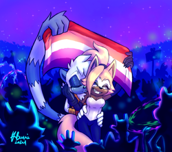 Size: 1354x1202 | Tagged: safe, artist:tabooki, tangle the lemur, whisper the wolf, 2024, duo focus, eyes closed, flag, group, holding something, hugging, hugging from behind, kiss, kiss on cheek, lesbian, lesbian pride, pride, pride flag, pride month, shipping, signature, smile, sparkles, standing, tangle x whisper