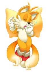 Size: 692x1042 | Tagged: safe, artist:erosuke, miles "tails" prower, 2019, belly button, bubble, bubbles, cute, eyes closed, lying down, mouth open, pillow, simple background, sleeping, solo, white background