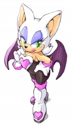 Size: 1417x2511 | Tagged: safe, artist:erosuke, rouge the bat, 2019, alternate eye color, blushing, cleavage, green eyes, hand on hip, licking, licking lips, lidded eyes, looking offscreen, simple background, solo, standing, tongue out, white background