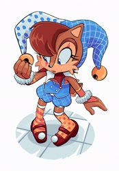 Size: 1423x2048 | Tagged: safe, artist:jadepesky, sally acorn, chipmunk, 2026, clothes, female, jester outfit, ring (jewelry), solo, standing