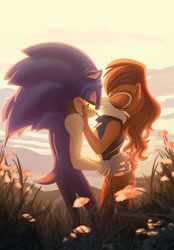 Size: 1424x2048 | Tagged: safe, artist:kadecreate, sally acorn, sonic the hedgehog, chipmunk, hedgehog, 2025, blushing, daytime, duo, female, flower, grass, kiss, kiss on forehead, male, sally x sonic, sally's vest and boots, shipping, smile, straight