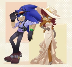 Size: 1584x1481 | Tagged: safe, artist:kadecreate, sally acorn, sonic the hedgehog, chipmunk, hedgehog, 2025, abstract background, alternate universe, clothes, dress, duo, female, fully clothed, glasses, gloves, gun, hat, male, pants, pistol, pose, sally x sonic, shipping, shirt, shoes, sleeveless dress, straight, weapon