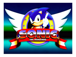 Size: 3600x2700 | Tagged: safe, artist:zandar-thunder, sonic the hedgehog, sonic the hedgehog (1991), 2026, border, classic sonic, classic style, emblem, gradient background, pointing, redraw, solo, style emulation, title screen, wagging finger