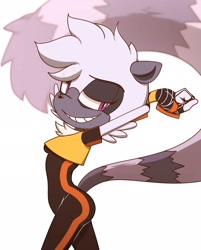 Size: 1644x2048 | Tagged: safe, artist:fritziiritz, tangle the lemur, 2026, clenched teeth, hands behind head, lidded eyes, looking at viewer, simple background, smile, solo, standing, stretching, white background