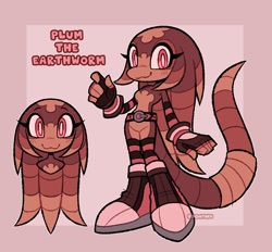 Size: 1346x1250 | Tagged: safe, artist:pontiikii, oc, oc:plum the earthworm, 2026, :3, arm sleeves, belt, boots, character name, earthworm, english text, fingerless gloves, flat colors, oc only, signature, smile, socks, solo, standing, stockings, text