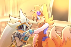 Size: 2048x1365 | Tagged: safe, artist:drawingwithjay1, miles "tails" prower, silver the hedgehog, sonic and the black knight, 2026, abstract background, aged up, apron, blacksmith, blushing, duo, gay, goggles, kiss, kiss on hand, looking at them, shipping, silvails, sir galahad, standing
