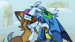 Size: 783x435 | Tagged: safe, artist:skyt903, kit the fennec, miles "tails" prower, 2026, blushing, cute, duo, exclamation mark, eyes closed, fur markings, gay, kiss, kiss on lips, kit x tails, mask, reference inset, shipping, smile, standing, surprise kiss, surprised