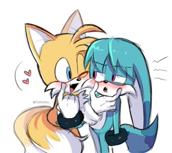 Size: 1359x1210 | Tagged: safe, artist:fumiunu, kit the fennec, miles "tails" prower, 2025, blushing, cheek pinch, cute, duo, eye clipping through hair, eyebrow clipping through hair, gay, heart, kit x tails, kitabetes, looking at each other, looking at them, mouth open, one eye closed, one fang, open smile, shipping, signature, simple background, smile, smiling at them, standing, tailabetes, white background