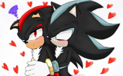 Size: 1755x1080 | Tagged: safe, artist:mephadow-emer1814, mephiles the dark, shadow the hedgehog, 2025, blushing, duo, floppy ears, gay, heart, hugging, hugging from behind, mephadow, shipping, squiggle, standing