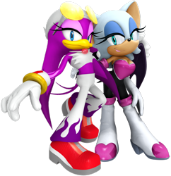 Size: 1280x1325 | Tagged: safe, artist:cirrates, editor:cirrates, rouge the bat, wave the swallow, 2019, 3d, absurd res, arm around shoulders, duo, edit, lesbian, looking at each other, shipping, simple background, smile, standing, transparent background, wavouge