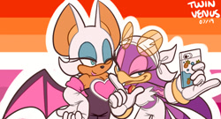 Size: 1280x691 | Tagged: safe, artist:twinvenus, rouge the bat, wave the swallow, 2019, bending over, duo, hand on hip, holding something, l sign, lesbian, lesbian pride, looking at camera, looking at viewer, outline, phone, posing, pride, pride flag background, selfie, shipping, signature, smile, standing, wavouge, white outline, wink
