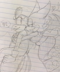 Size: 1059x1280 | Tagged: safe, artist:sonicdrift2, rouge the bat, wave the swallow, 2017, duo, exclamation mark, heart, hugging, hugging from behind, lesbian, lidded eyes, line art, lined paper, looking at each other, mouth open, pencilwork, shipping, sitting, sketch, smile, speech bubble, traditional media, wavouge