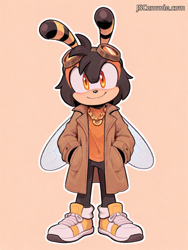 Size: 768x1024 | Tagged: safe, ai art, artist:jscammie, artist:whoactuallycares155, charmy bee, 2025, adult, aged up, alternate outfit, coat, eyewear on head, goggles, goggles on head, hands in pocket, looking at viewer, necklace, outline, peach background, shirt, simple background, smile, solo, standing, trench coat