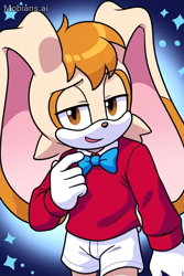 Size: 512x768 | Tagged: safe, ai art, artist:mobians.ai, artist:whoactuallycares155, cream the rabbit, oc, oc:custard the rabbit, 2024, bowtie, gender swap, lidded eyes, looking at viewer, mouth open, shirt, shorts, smile, solo, sparkles