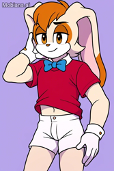 Size: 512x768 | Tagged: safe, ai art, artist:mobians.ai, artist:whoactuallycares155, cream the rabbit, oc, oc:custard the rabbit, 2024, belly button, bowtie, gender swap, hand on face, lidded eyes, looking at viewer, midriff, purple background, shirt, shorts, simple background, smile, solo, standing, tan nose
