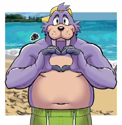 Size: 1865x1920 | Tagged: safe, artist:nanothehedgehog, rotor walrus, walrus, 2023, beach, cap, daytime, hat, heart, looking at viewer, male, pride, rainbow, smile, solo, swimming trunks, swimsuit, water