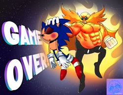 Size: 2048x1583 | Tagged: safe, artist:pingsley_, robotnik, sonic the hedgehog, human, 2023, abs, abuse, aura, bad end, bruise, cape, clenched fist, cross popping vein, duo, english text, eyes closed, flying, game over, holding them, injured, mid-air, muscular, muscular robotnik, nipples, scratch (injury), scuff mark, sonic abuse, star (sky), super form, super robotnik, text, torn socks