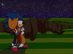 Size: 2314x1724 | Tagged: safe, artist:massoholic, miles "tails" prower, sonic the hedgehog, 2022, absurd res, bleeding, bleeding from mouth, blood, carrying them, crescent moon, duo, eggman hates furries, frown, grass, hole, injured, lidded eyes, looking offscreen, moon, nighttime, outdoors, rain, redraw, standing, star (sky), torn gloves, waking up