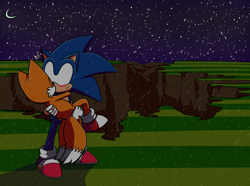 Size: 2314x1724 | Tagged: safe, artist:massoholic, miles "tails" prower, sonic the hedgehog, 2022, absurd res, age difference, blushing, bruise, carrying them, crescent moon, duo, eggman hates furries, gay, grass, holding each other, hole, injured, kiss, moon, nighttime, outdoors, rain, redraw, shipping, shrunken pupils, sonic x tails, standing, star (sky), surprise kiss, surprised, torn gloves