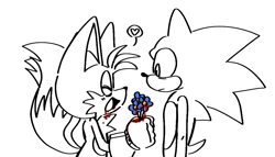 Size: 1099x630 | Tagged: safe, artist:ilovetails, miles "tails" prower, sonic the hedgehog, 2025, bleeding, bleeding from mouth, blood, duo, eyes closed, flower, frown, gay, hanahaki disease, heart, line art, looking at them, monochrome, mouth open, question mark, shipping, side view, simple background, smile, sonic x tails, speech bubble, spot color, white background